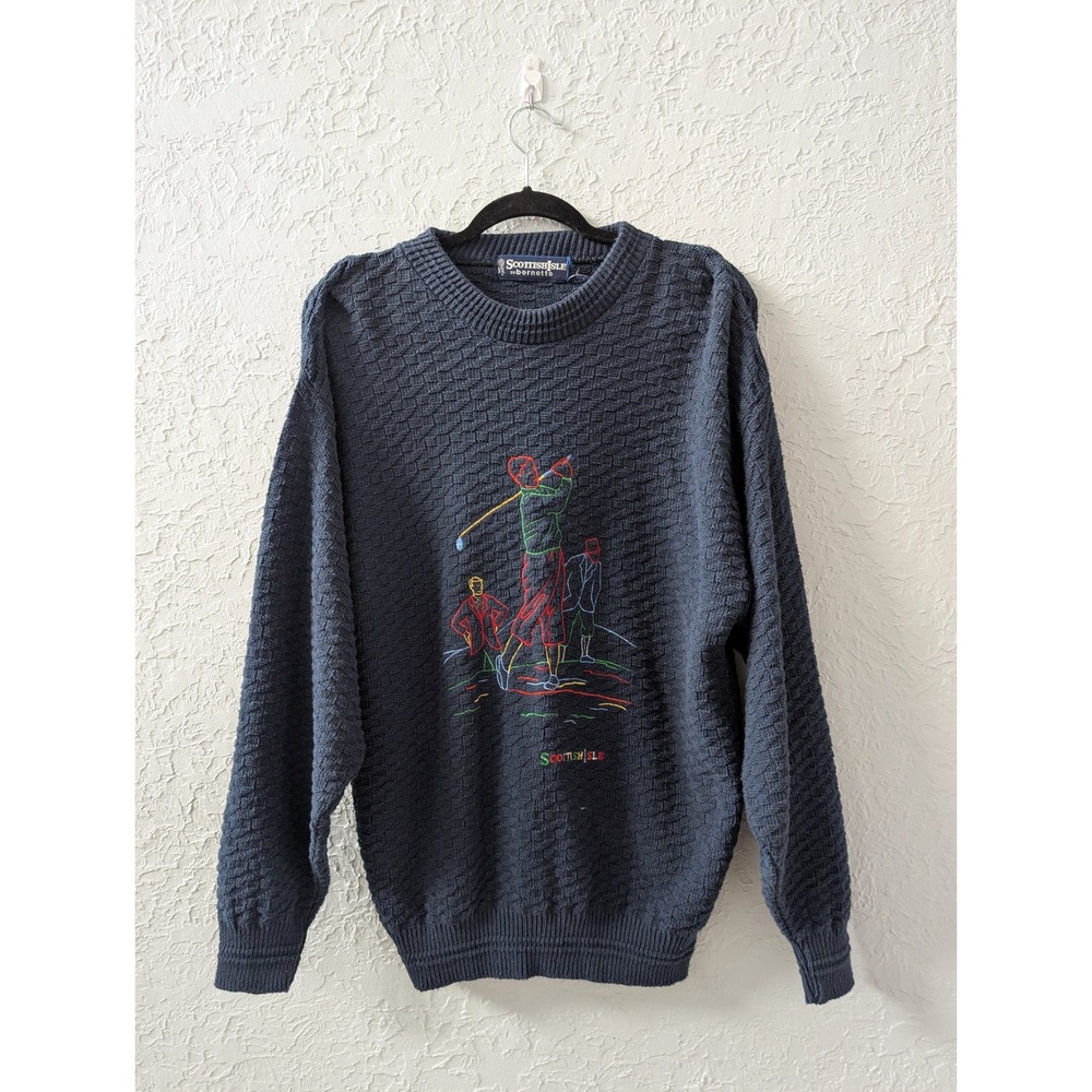 Scottish Isle Bernette Golf Embroidered Sweater Mens XL Navy Blue Textured Knit